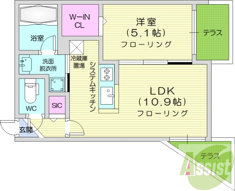 1LDK、エアコン、都市ガス、システムキッチン