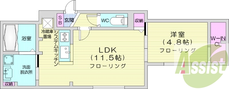1LDK、エアコン、都市ガス、システムキッチン