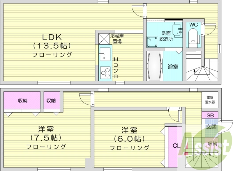 2LDK、戸建、エアコン、独立洗面台、バストイレ別
