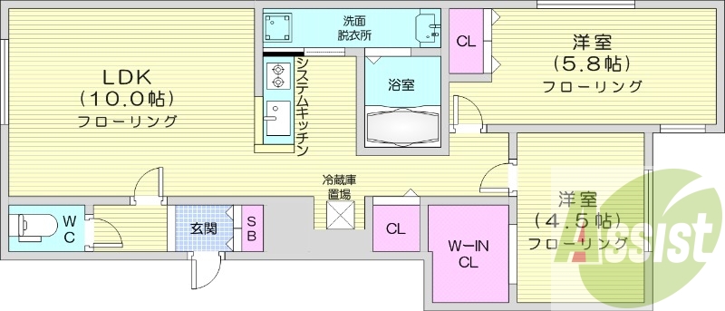 2LDK、エアコン、システムキッチン、追い焚き