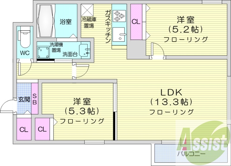 2LDK、都市ガス、ネット無料、エアコン付、追焚き、浴室乾燥