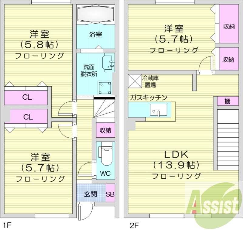 3LDK、メゾネット、エアコン、独立洗面台、風呂トイレ別