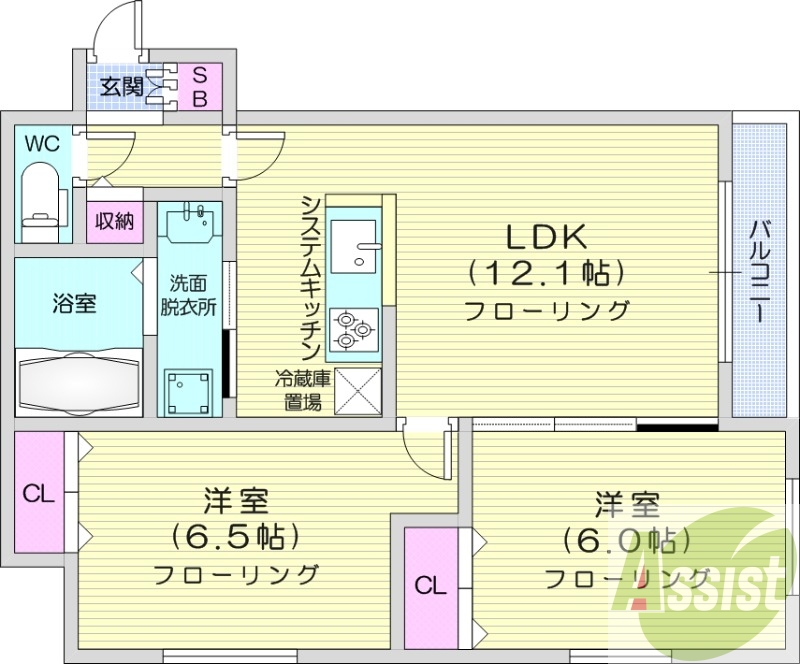 2LDK、都市ガス、追い焚き、エアコン、システムキッチン