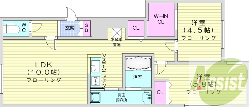 2LDK、エアコン、システムキッチン、追い焚き