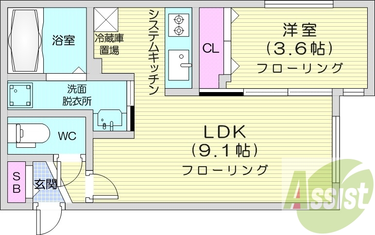 1LDＫ、エアコン、システムキッチン、ペット可