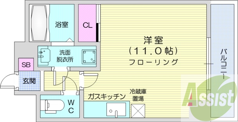 1R、エアコン、独立洗面台、バストイレ別