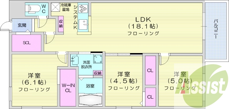 3LDK、エアコン、ペット可、システムキッチン