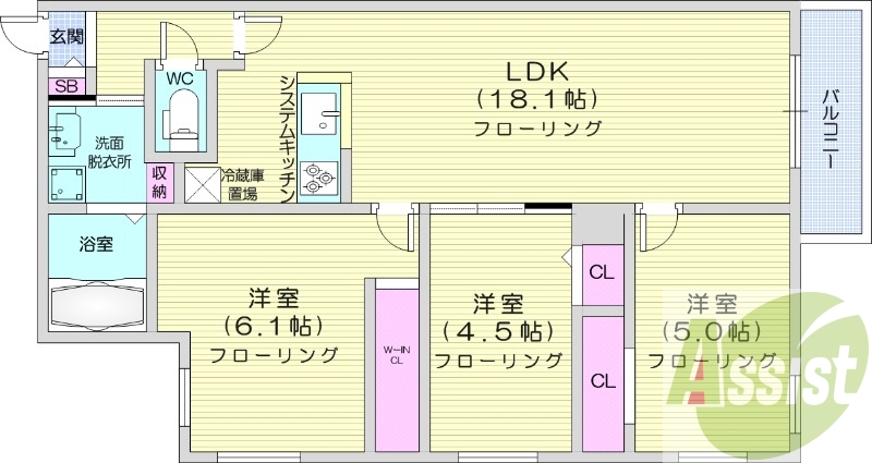 3LDK、エアコン、ペット可、システムキッチン