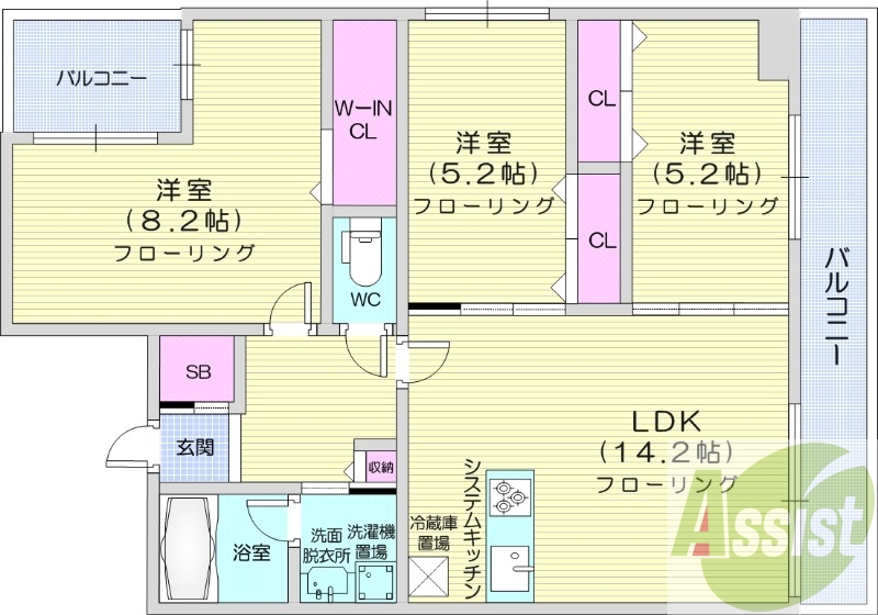 3LDK、角部屋、都市ガス、エアコン、追い炊き