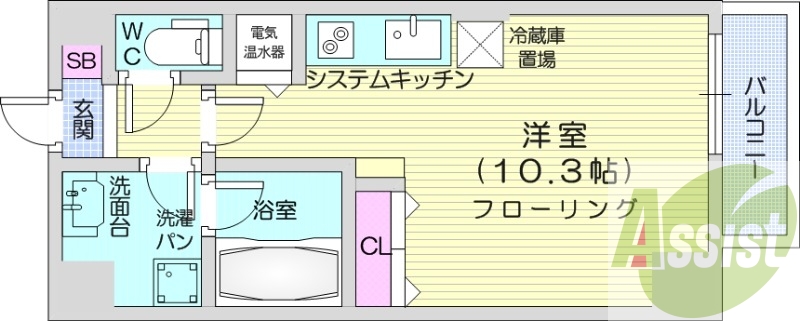 1R、オール電化、浴室乾燥機、システムキッチン、独立洗面台