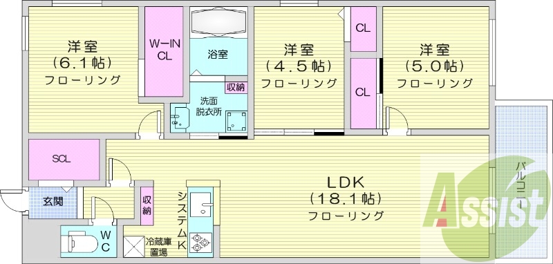 3LDK、エアコン、ペット可、システムキッチン