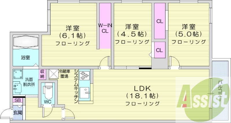 3LDK、エアコン、ペット可、システムキッチン