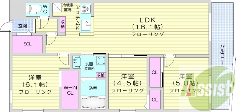 3LDK、エアコン、ペット可、システムキッチン