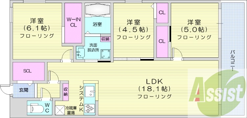 3LDK、エアコン、ペット可、システムキッチン