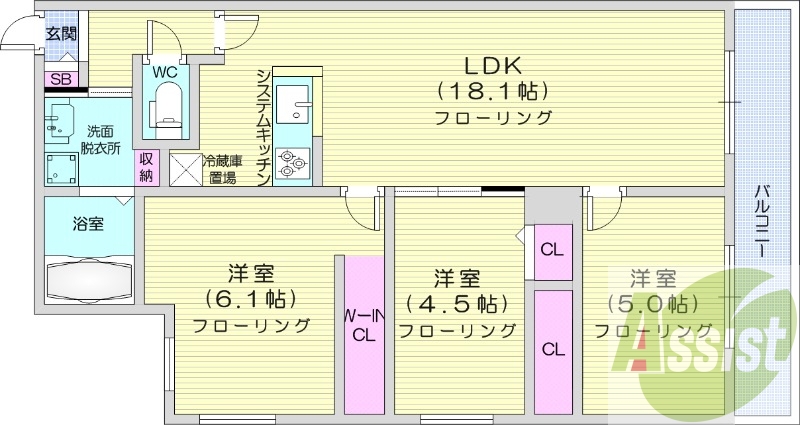 3LDK、エアコン、ペット可、システムキッチン