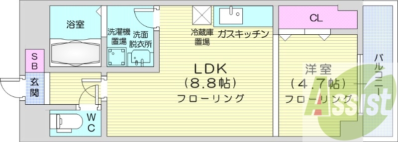 1LDK、エレベーター、オートロック、独立洗面台
