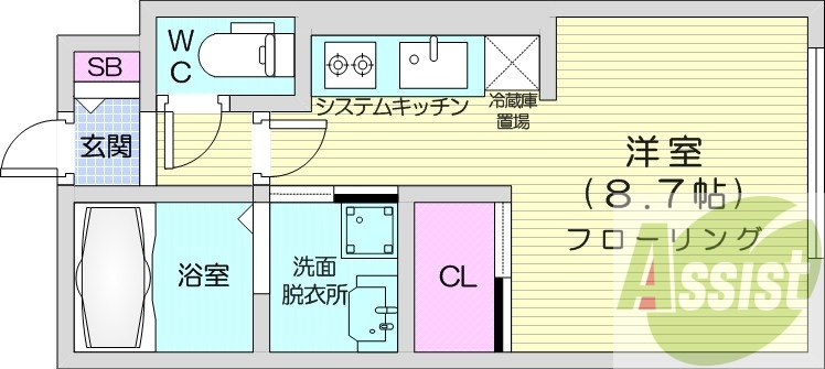 1K、エアコン、システムキッチン、ネット無料