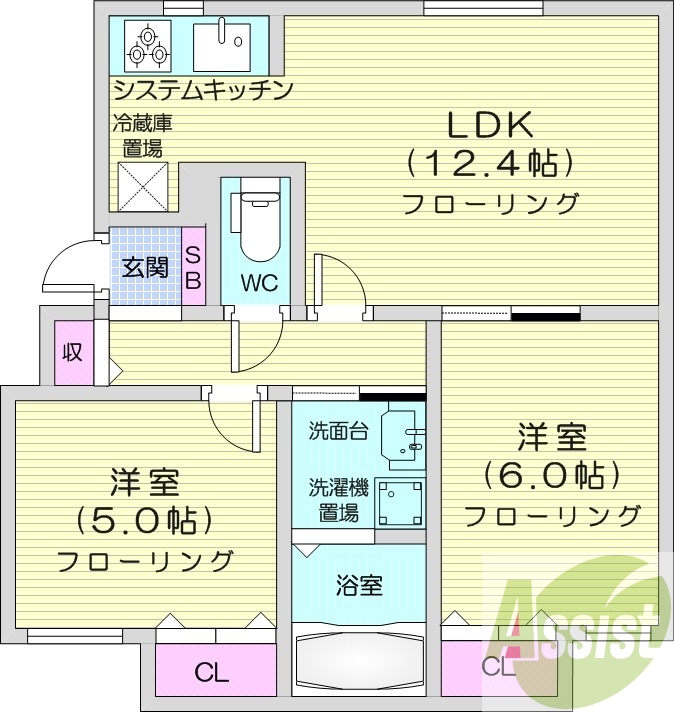 2LDK、システムキッチン、シャワートイレ、浴室乾燥機