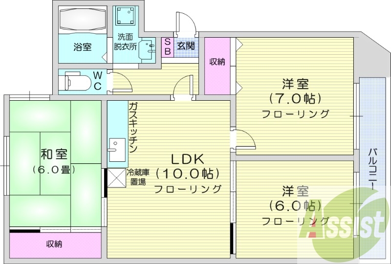 3LDK、都市ガス、エアコン、独立洗面台