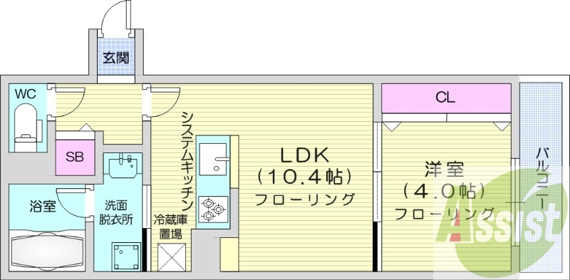 1LDK、エアコン、都市ガス、システムキッチン