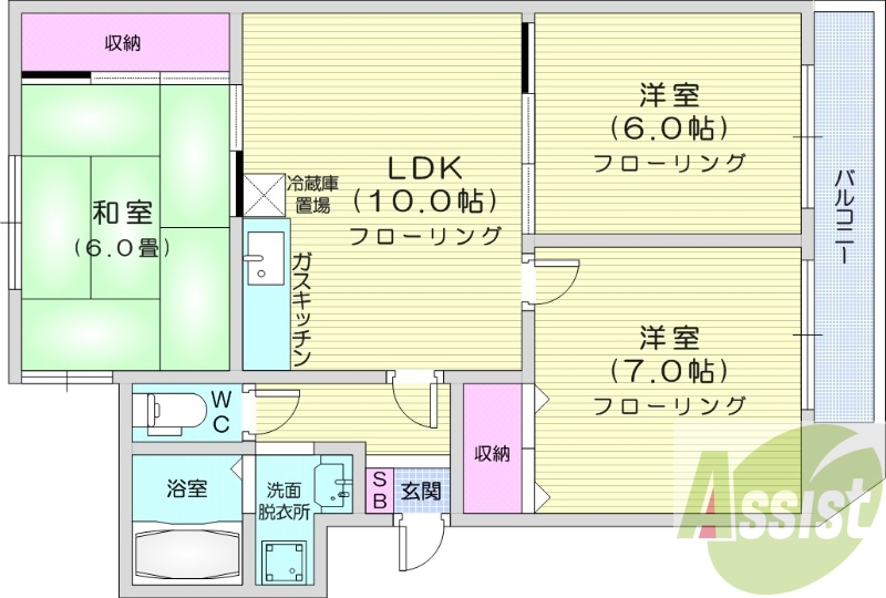 3LDK、都市ガス、エアコン、独立洗面台