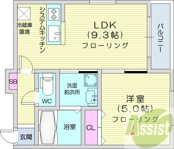 1LDK、都市ガス、エアコン、システムキッチン