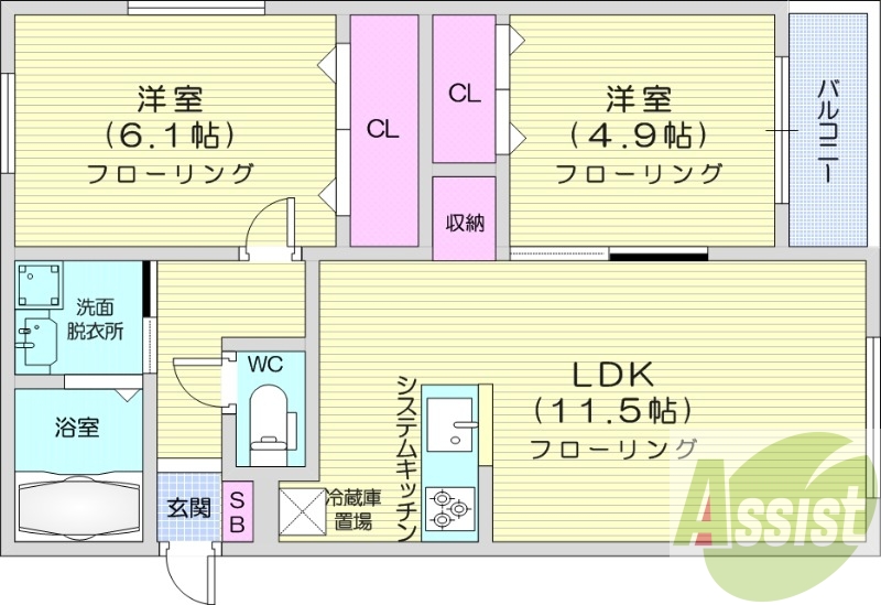 2LDK、エアコン、エレベーター、灯油暖房