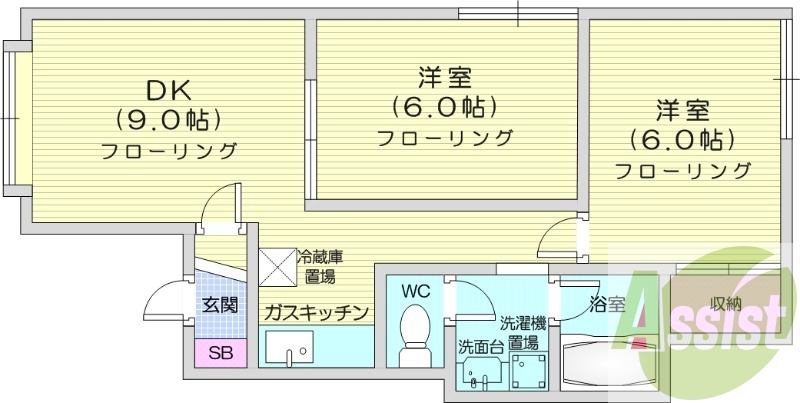 2DK、灯油暖房、独立洗面台、無料駐車場付き