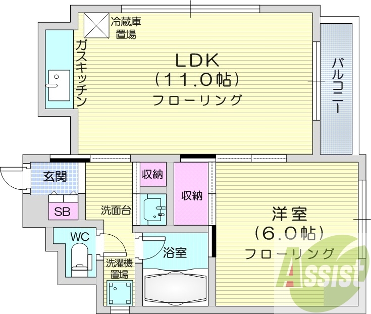 1LDK、都市ガス、収納スペース、バルコニー
