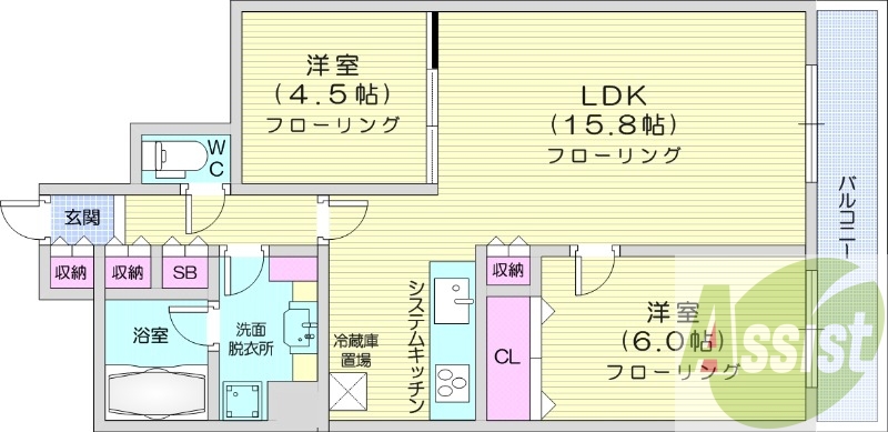 2LDK、オートロック、オール電化、システムキッチン