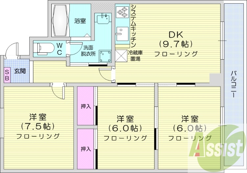 3LDK、都市ガス、システムキッチン、独立洗面台