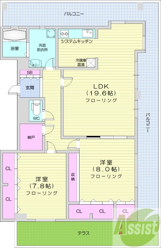 2LDK、エアコン、システムキッチン、独立洗面台
