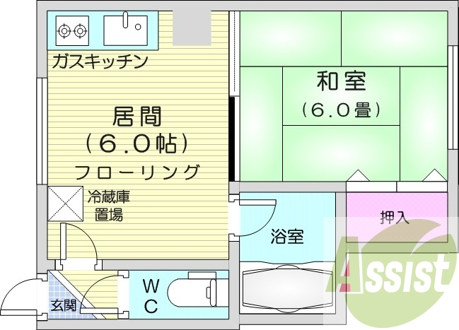 1DK、最上階、バストイレ別、都市ガス、ガス給湯
