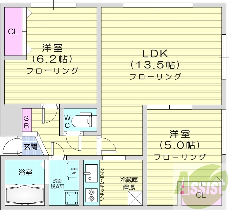 2LDK、洗髪洗面化粧台、モニターホン、収納