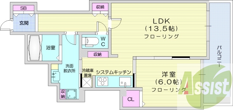 1LDK、床暖房、システムキッチン、エアコン