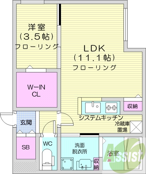 1ＬＤＫ、エアコン、都市ガス、システムキッチン