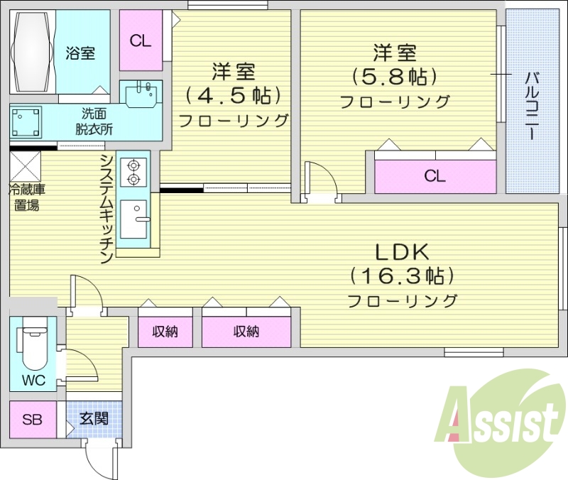 2LDK、都市ガス、エアコン、システムキッチン