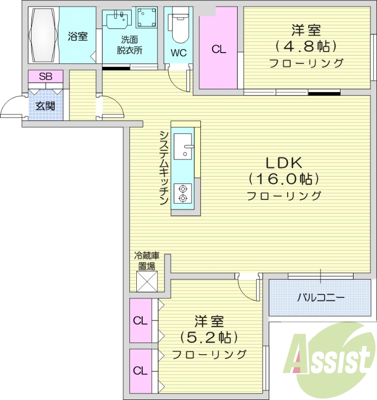 2LDK、都市ガス、エアコン、システムキッチン