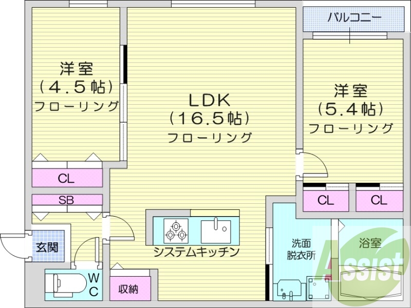 2LDK、都市ガス、エアコン、システムキッチン