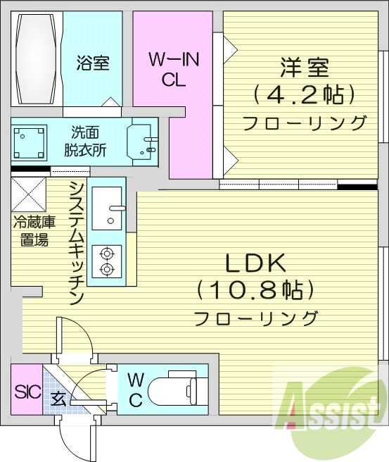 1LDK、エアコン、床暖房、システムキッチン、ネット無料