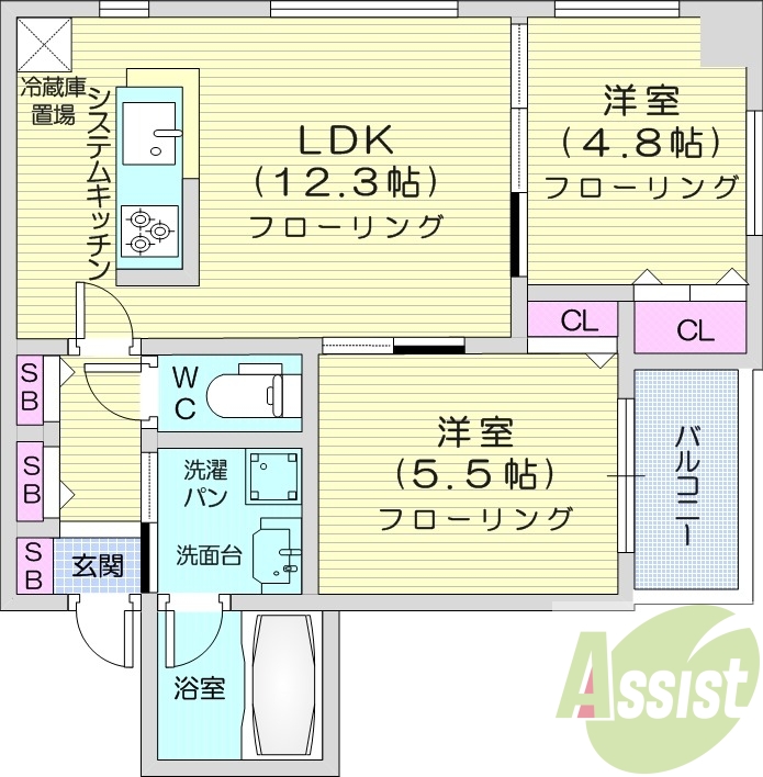 2LDK、エアコン、都市ガス、バルコニー、角部屋