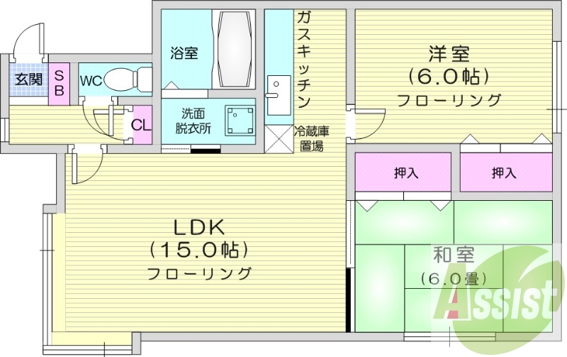 2LDK、独立洗面台、トイレ風呂別、灯油暖房、角部屋