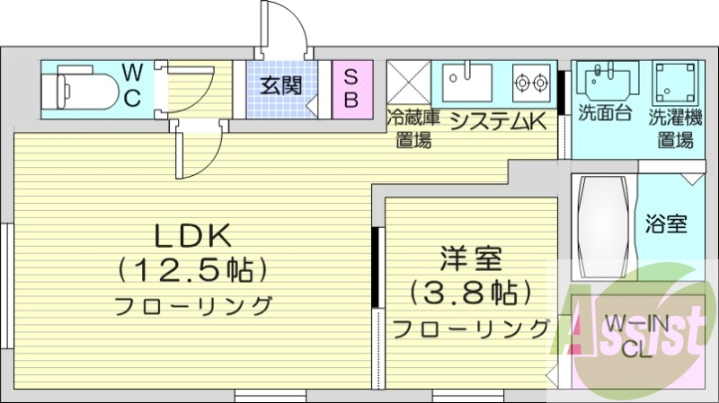 1LDK、エアコン、独立洗面台、システムキッチン、