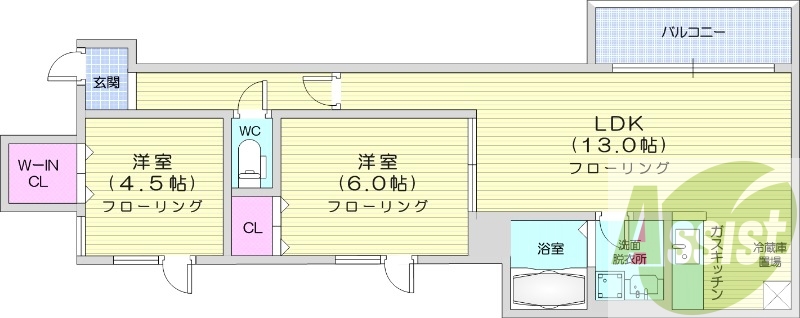 2LDK、角部屋、トランクルーム、独立洗面台、ベランダ