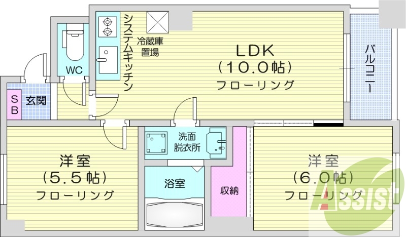 2LDK、独立洗面台、灯油暖房、システムキッチン、