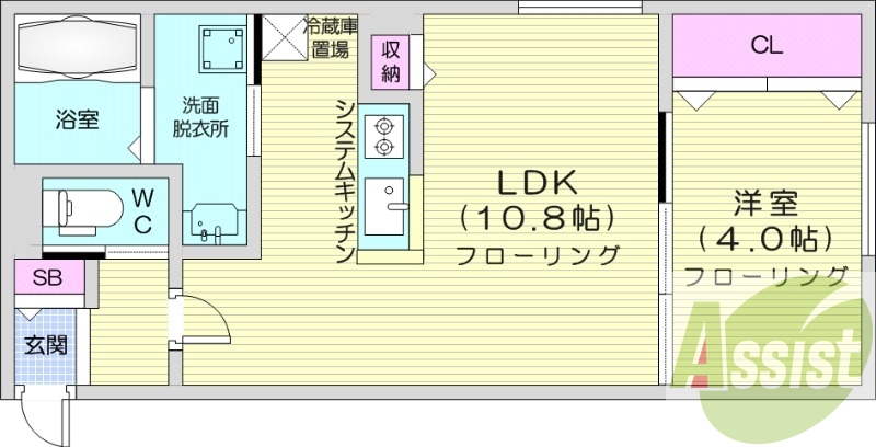 1LDK、エアコン、都市ガス、システムキッチン