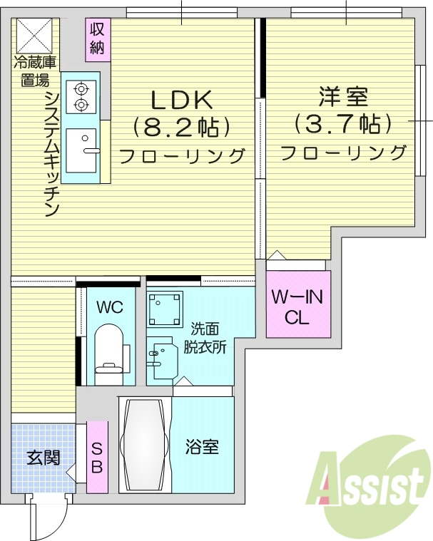 1LDK、都市ガス、エアコン、浴室乾燥機、システムキッチン