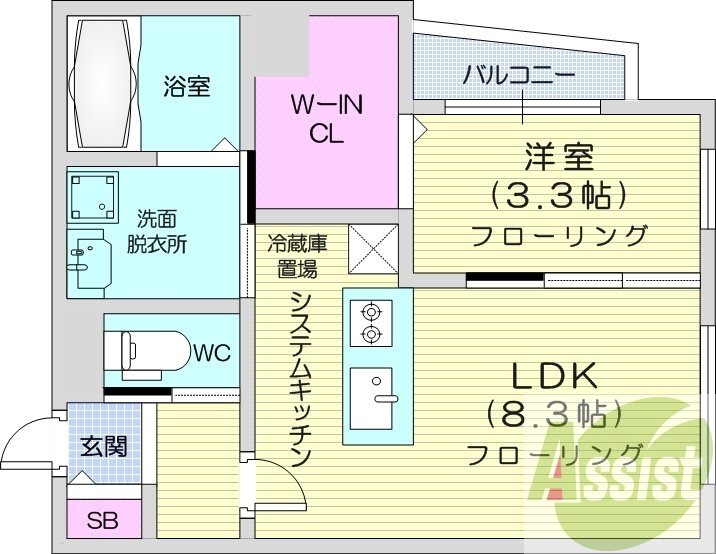 1LDK、都市ガス、エアコン、浴室乾燥機、システムキッチン