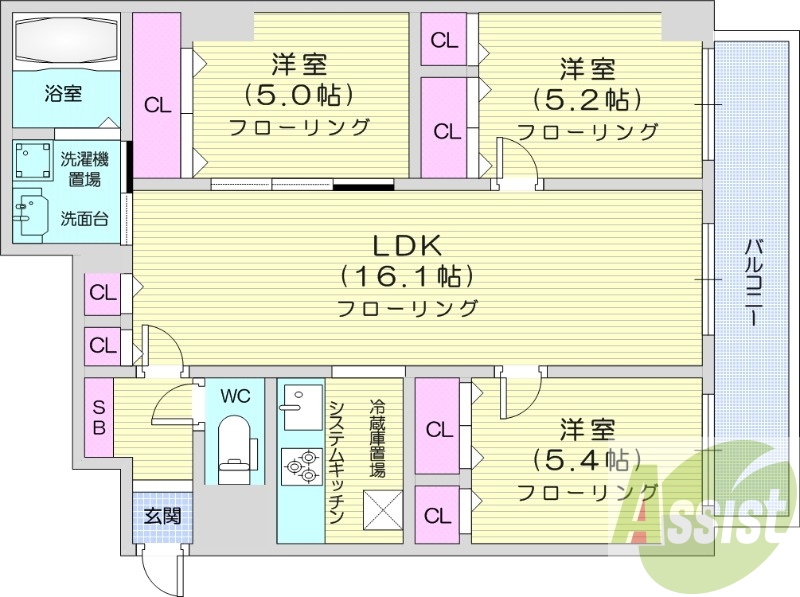 3LDK、都市ガス、エアコン、追い炊き、浴室乾燥機