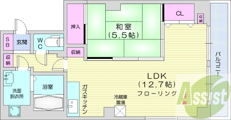 1LDK、オートロック、ウォシュレット、都市ガス